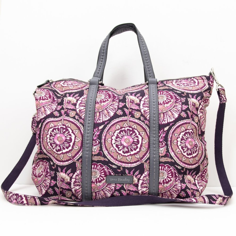 Vera Bradley Midtown Tote Travel Bag Large Office Lei Flowers Grey Purple - Picture 1 of 7